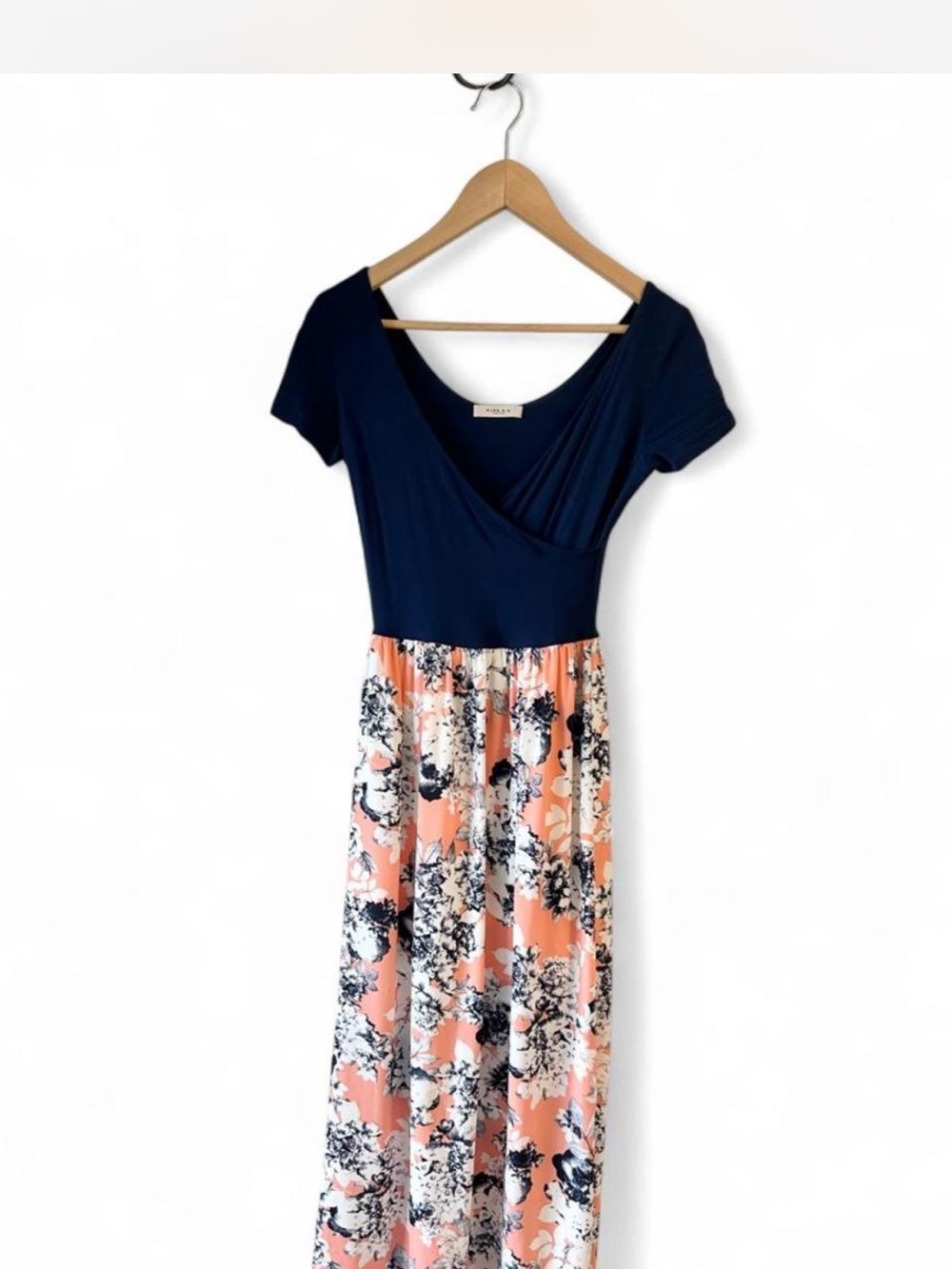 Gilli Navy & Coral Floral Maxi Dress Short Sleeve Wrap Front Size Small
